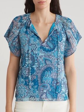 Philosophy Blue Paisley Tie-Neck Short Sleeve Blouse